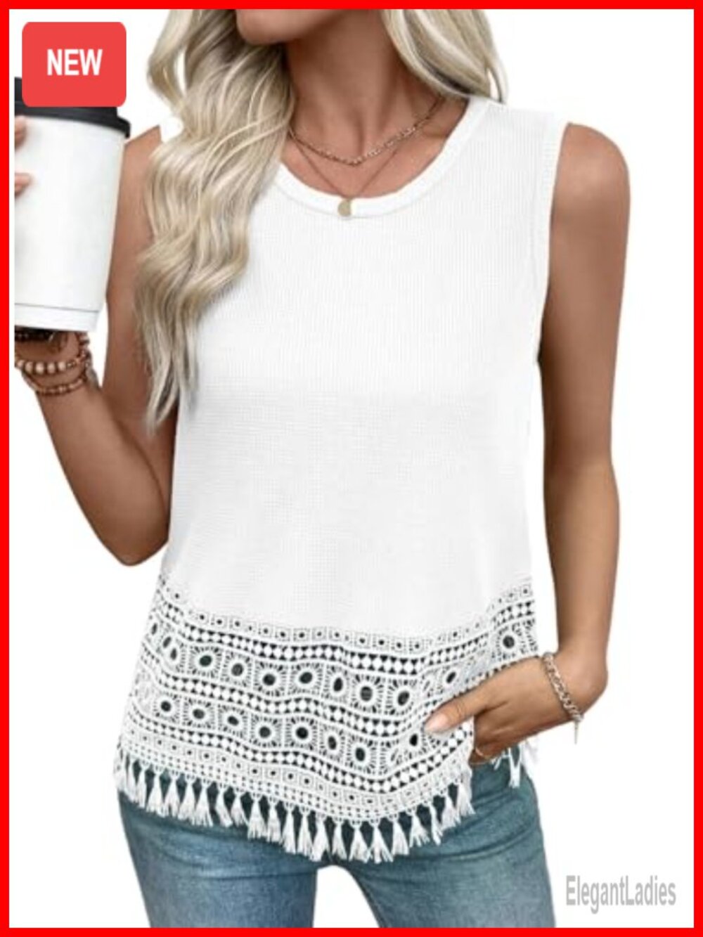 Womens Tank Top Waffle Knit Crochet Lace Sleeveless Boho Summer Casual